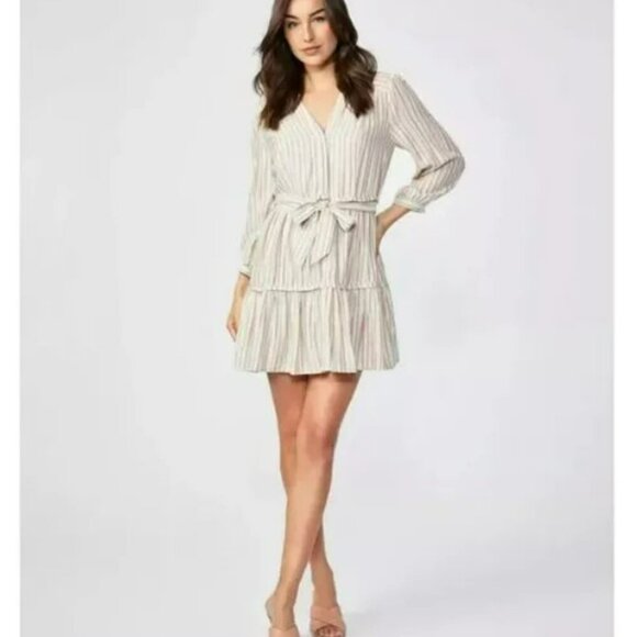 Paige Kylen Stripe 3/4 Sleeve V-Neck Mini Ruffle Casual Summer Dress Size S - Picture 2 of 11